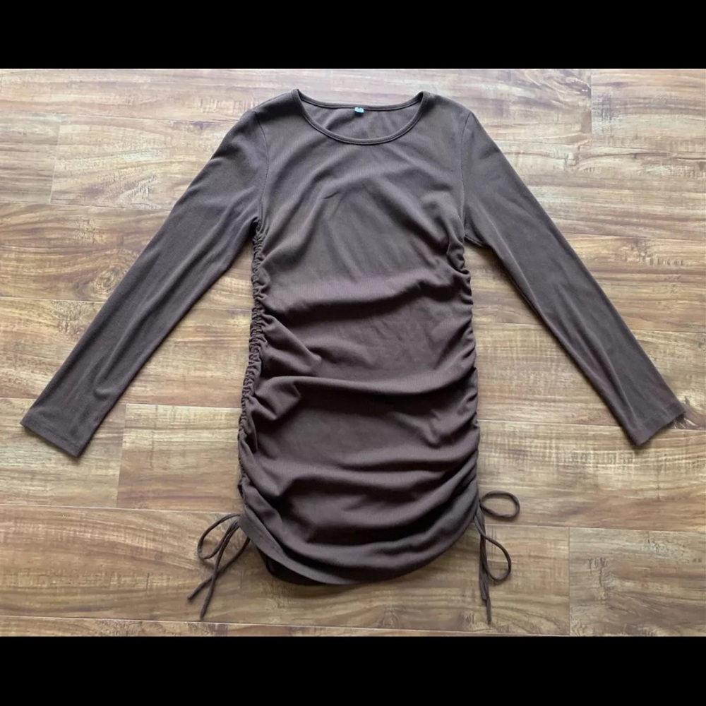 SHEIN Womens L Juniors Brown Fitted Dress Adjustable Gathered Sides Long Sleeve
